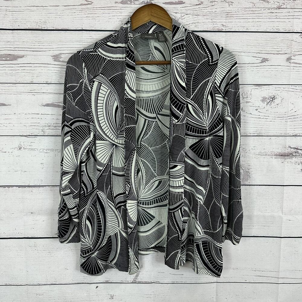 Chicos Travelers Cardigan Womens Medium Petite Ivory Black Slinky Open Stretch